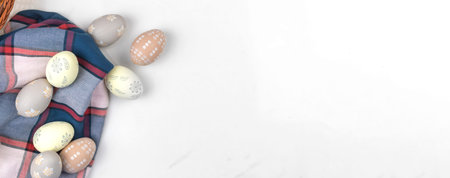 Easter egg banner. Happy holidays, celebration and greeting design on a white background. Flat lat,...