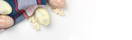 Easter eggs with flowers, banner. Happy holidays, celebration and greeting design on a white...