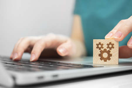 maintenance computer concept. Support, IT service help and FAQ. Repair service concept background photo. Laptop on a deskの写真素材