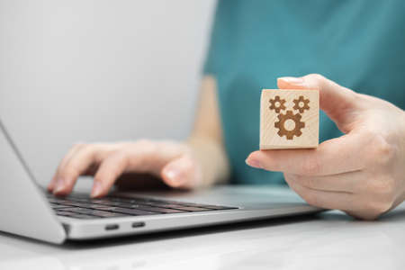 maintenance computer concept. Support, IT service help and FAQ. Repair service concept background photo. Laptop on a deskの写真素材