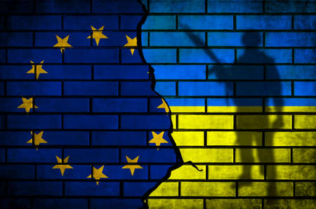 Europe and Ukraine flags background. European union and Ukraine, NATO. Conflict, protest and russian invasion, war conceptの写真素材