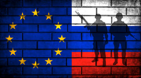 Europe union and Russia flags background. NATO and Russian aggression, military war conflict photoの写真素材
