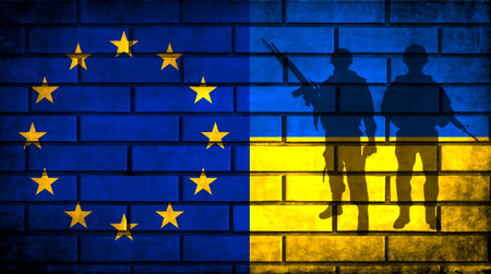 Europe union and Ukraine flags background. Pray for Ukraine and Stop the war conceptの写真素材