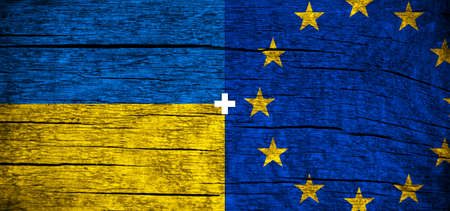Banner europe union and Ukraine flags background. European union and Ukraine, NATO photoの写真素材