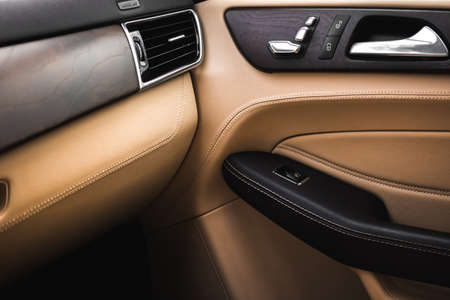 Luxury car interior with leather. Modern sport car inside. premium vehicle backgroundの写真素材