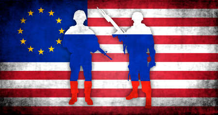 Russia, United States and Europe union background. RU and USA relations. Russian soldiers against American flag. conflict and war conceptの写真素材