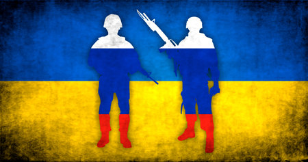 Russian soldiers and Ukraine flags background. Military conflict, war and crisis concept photoの写真素材