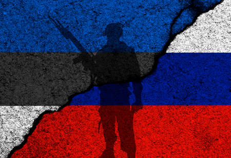 Estonia and Russia conflict. Concept of war and invade on baltic states. Flags painted on concrete wall backgroundの写真素材