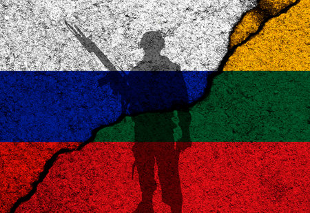 Lithuania and Russia conflict. Concept of war and invade on baltic states. Flags painted on concrete wall backgroundの写真素材
