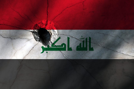 Iraq flag with big crack or bullet hole. Military conflict and war in country concept background...