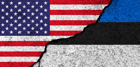 USA and Estonia. Flags painted on cracked concrete wall. United States, America. Partnership, relationships and conflict concept. banner backgroundの写真素材