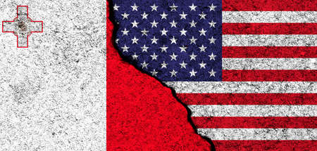 USA and Malta. Flags painted on cracked concrete wall. United States, America. Partnership, relationships and conflict concept. banner backgroundの写真素材