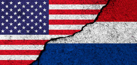 USA and Netherland. Flags painted on cracked concrete wall. United States, America. Partnership, relationships and conflict concept. banner backgroundの写真素材