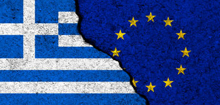 Europe Union and Greece flags. Relationships, partnership and diplomacy. Conflict and freedom concept. EU alliance bannerの写真素材