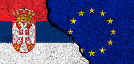 Europe Union and Serbia flags. Relationships, partnership and diplomacy. Conflict and freedom concept. EU alliance bannerの写真素材