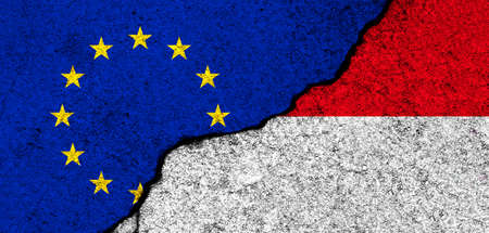 Europe Union and Monaco flags. Relationships, partnership and diplomacy. Conflict and freedom concept. EU alliance bannerの写真素材
