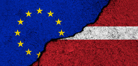 Europe Union and Latvia flags. Relationships, partnership and diplomacy. Conflict and freedom concept. EU alliance bannerの写真素材