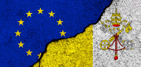 Europe Union and Vatican City flags. Relationships, partnership and diplomacy. Conflict and freedom concept. EU alliance bannerの写真素材