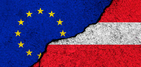 Europe Union and Austria flags. Relationships, partnership and diplomacy. Conflict and freedom concept. EU alliance bannerの写真素材