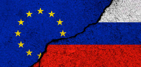 Europe Union and Russia flags. Relationships, partnership and diplomacy. Conflict and freedom concept. EU alliance bannerの写真素材