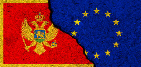 Europe Union and Montenegro flags. Relationships, partnership and diplomacy. Conflict and freedom concept. EU alliance bannerの写真素材