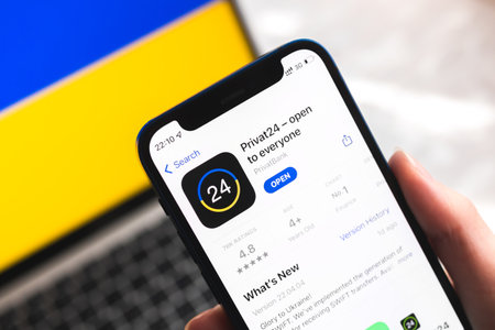 Poltava, Ukraine - April 7, 2022: Privatbank mobile banking app in Ukraine. Hand with smartphone, icon on the screen. background with national flag photoのeditorial素材