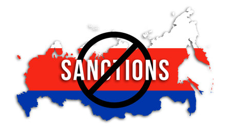 stop the war. Russian sanctions concept. Country silhouette in national flag colors and text, illustration imageの写真素材