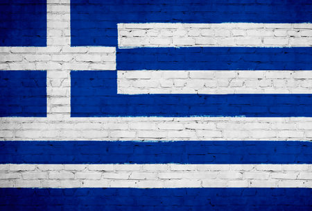 Greece flag painted on brick wall. national country flag backgroundの写真素材