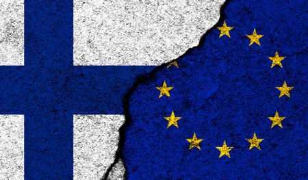 Finland and Europe Union. Military conflict with Russia. Flags painted on concrete, website backgroundの写真素材