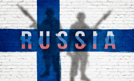 Russia and Finland. Military conflict and war in north Europe union countries. Russian aggression background for websites imageの写真素材