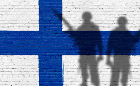 Finland military conflict background. Flag and armed men silhouettes imageの写真素材