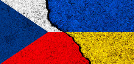 Ukraine and Czech Republic flags. Support and help, weapons and military equipment, partnership and diplomacy, humanitarian aid and donations for Ukrainian refugees photoの写真素材