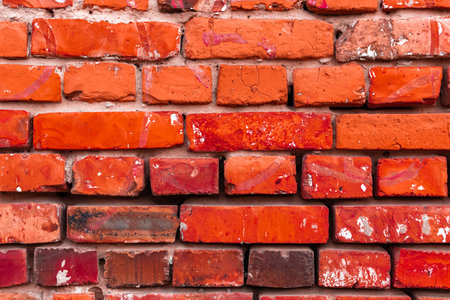 Old and grunge red brick wall texture close-up and high detailed backgroundの写真素材