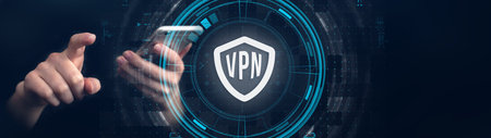 VPN Virtual Private Network protocol banner. Cyber security and privacy connection technology....