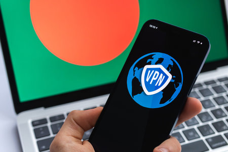 VPN in Bangladesh. Secure and safe internet concept. privacy. Hand with mobile phone and VPN...