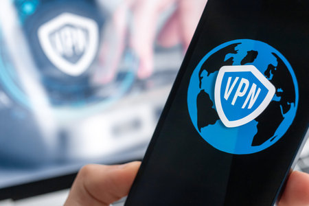 Person uses VPN application on smartphone. Virtual private network, anonymous, safe and secure...
