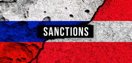 Russia and Austria sanctions. National flags background with text. Embargo, default conceptの写真素材