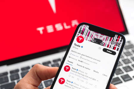 Tesla electric car background. Elon Musk, Business and transportation of future concept photoのeditorial素材