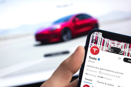 Tesla electric car from Elon Musk, background. Business and transportation of future concept photo