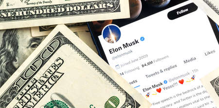 Banner Elon Musk dollar money background. Business and stock concept photoのeditorial素材