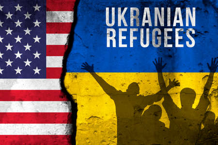 Ukrainian refugees to USA. War and military conflict, Russia aggressor. Crisis, migration and emigration. Flags background with textの写真素材
