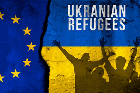 Ukrainian refugees to Europe union. War and military conflict, Russia aggressor. Crisis, migration and emigration. Flags background with textの写真素材
