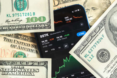 Poltava, Ukraine - April 28, 2022: Shutterstock stock trade market background, finance and business concept with dollar money banknotes closeupのeditorial素材