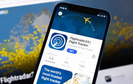 Poltava, Ukraine - April 28, 2022: Flight Radar 24 application icon close-up view of mobile phone screen. flight tracker app photoのeditorial素材