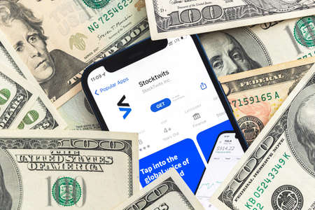 Poltava, Ukraine - April 28, 2022: Stocktwits app on mobile phone, close-up view, business background. American social media company StockTwits photoのeditorial素材
