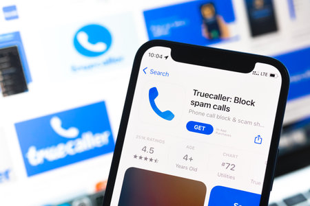 Poltava, Ukraine - May 2, 2022: Truecaller mobile app icon close-up view, applicationのeditorial素材