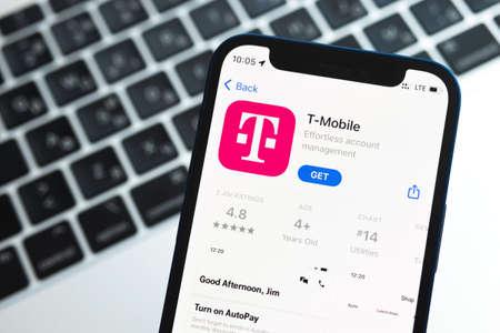 Poltava, Ukraine - May 2, 2022: T-mobile app and close-up photo. Fast internet connection and wireless technologies conceptのeditorial素材