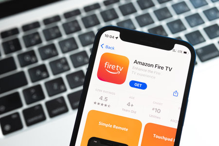 Poltava, Ukraine - May 2, 2022: Amazon Fire TV app icon closeup on mobile phone screenのeditorial素材