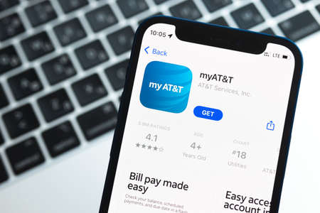 Poltava, Ukraine - May 2, 2022: ATT mobile phone application and close-up photo. Fast internet connection and wireless technologies conceptのeditorial素材