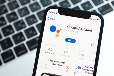 Poltava, Ukraine - May 2, 2022: Google assistant app on the iPhone screen, application icon close-upのeditorial素材